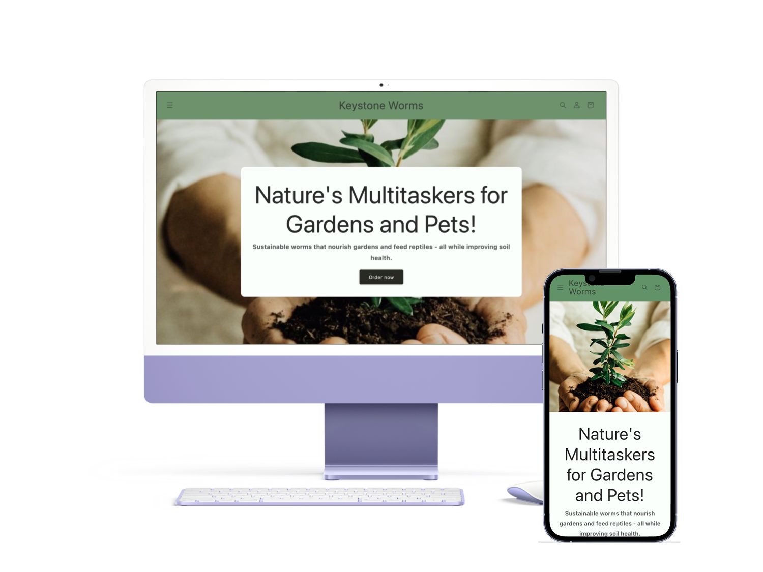 Desktop and iPhone mockup of the keystone worms home screen